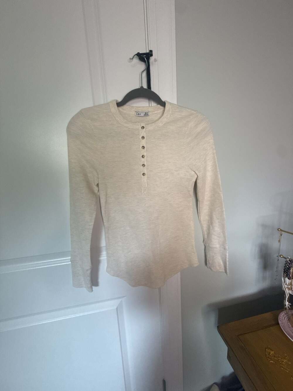 Dex Women's Oatmeal Thermal Waffle Knit Long Sleeve Henley Top Size XS